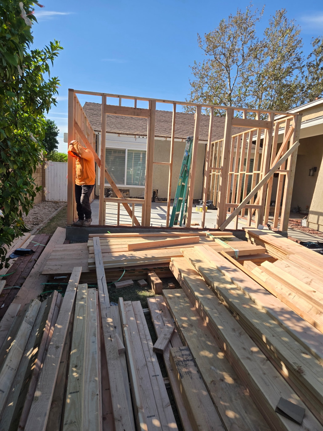 Wall framing for home addition in Costa Mesa